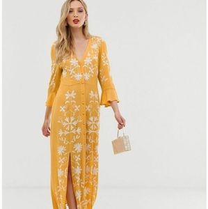 ASOS Yellow Floral Embroidered Button-Front Maxi Dress